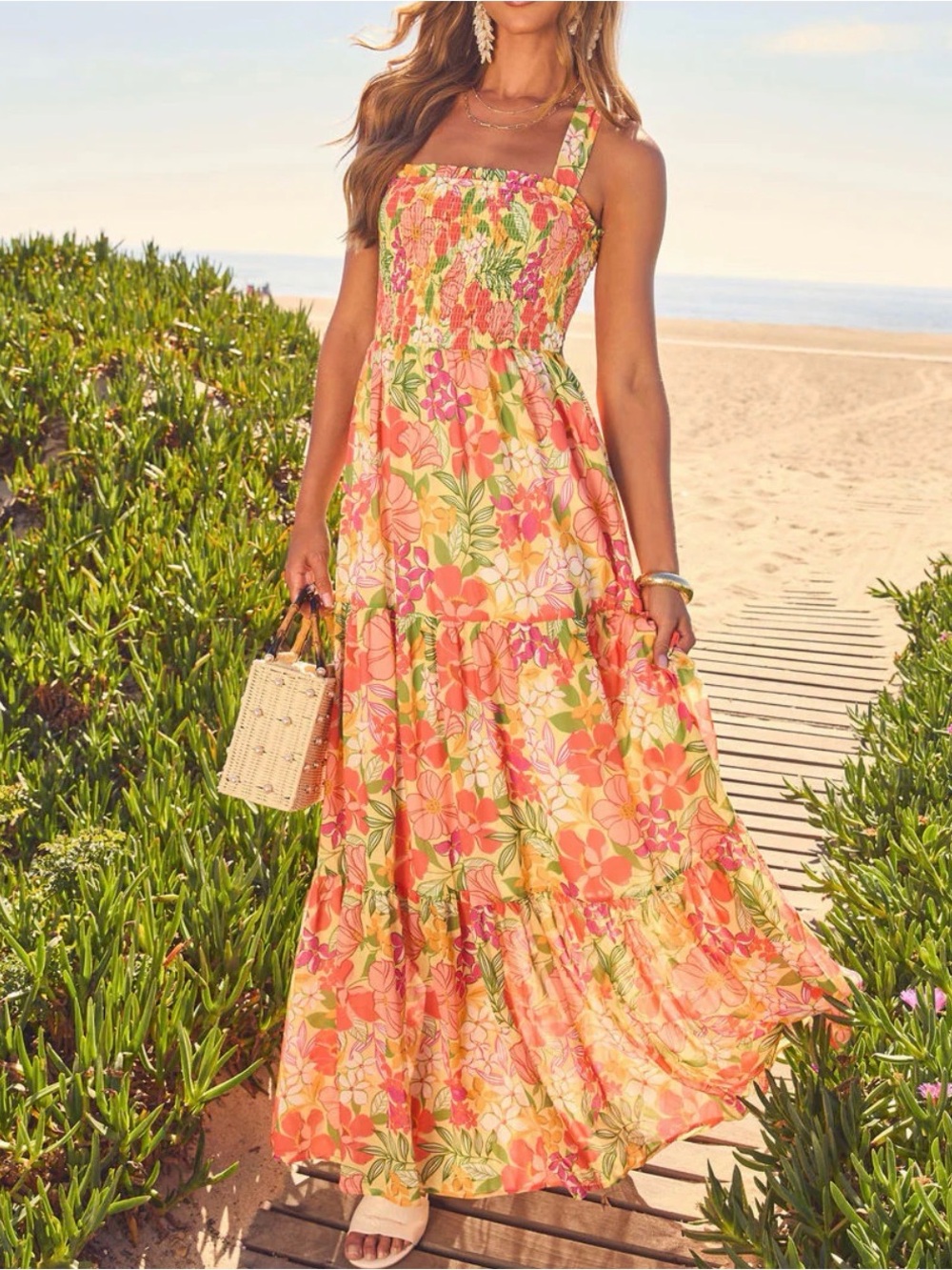 Vici Pink Orange Floral Smocked Maxi Dress
Emelia Floral Print Maxi Dress